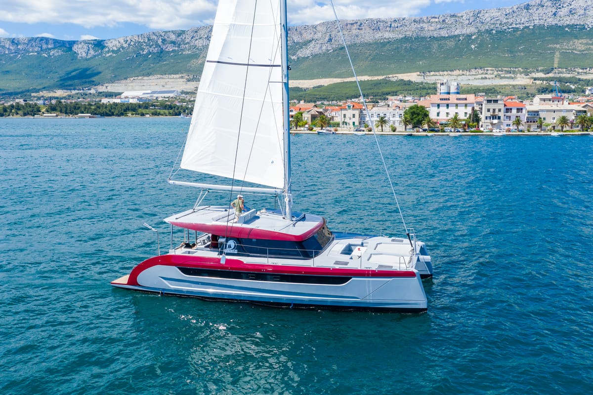 Exterior view of Katamaran, a Luna 49 catamaran at Split, Croatia