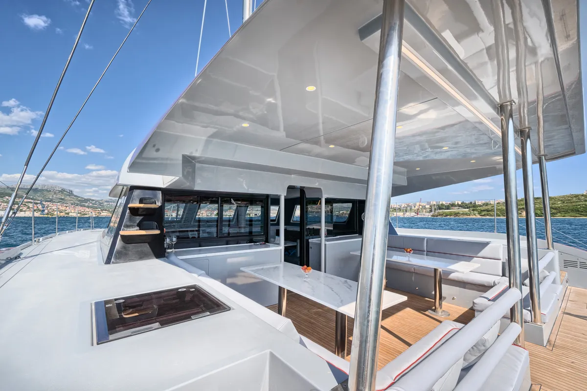 Deck of Katamaran, a Luna 49 catamaran at Split, Croatia