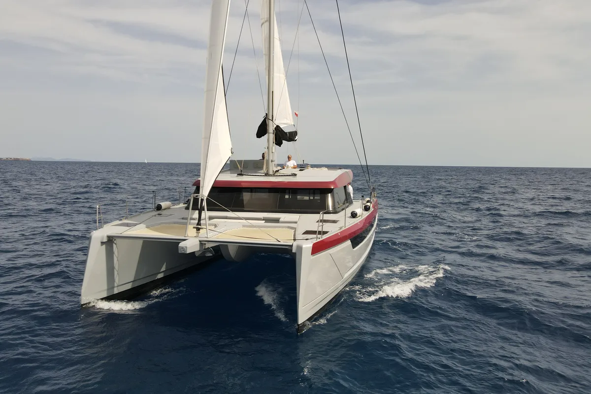Exterior view of Katamaran, a Luna 49 catamaran at Split, Croatia
