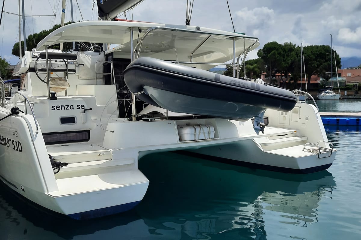 Exterior view of Senza Sosta, a Lagoon 42 catamaran at Tonnarella, Italy