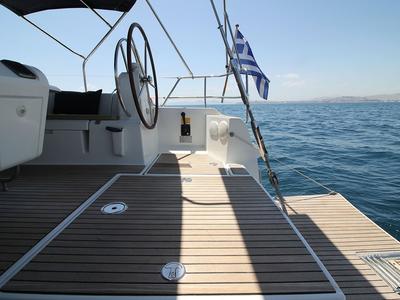 Deck of Lucky Slot, a Jeanneau Sun Odyssey 509 sailboat at Athens, Greece