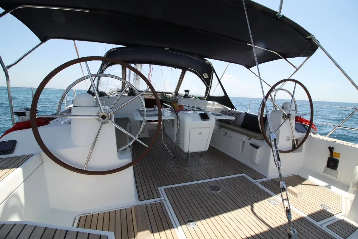 Cockpit of Lucky Slot, a Jeanneau Sun Odyssey 509 sailboat at Athens, Greece