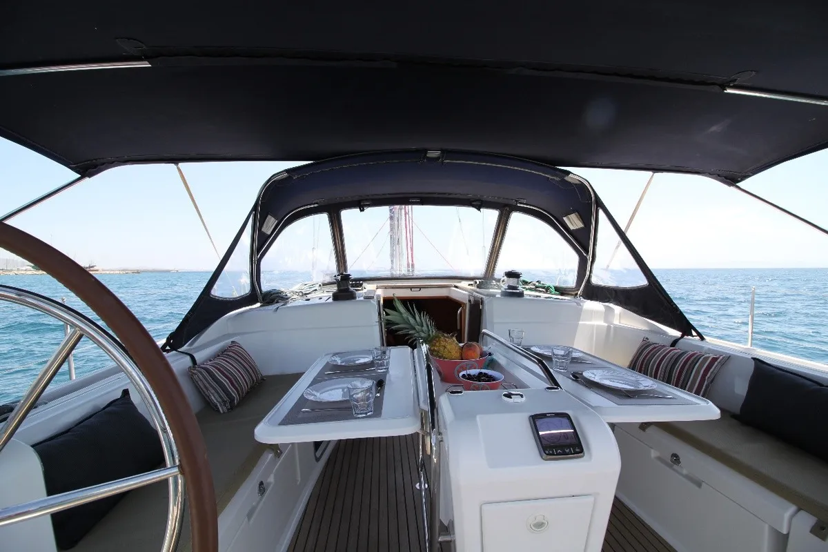 Cockpit of Lucky Slot, a Jeanneau Sun Odyssey 509 sailboat at Athens, Greece