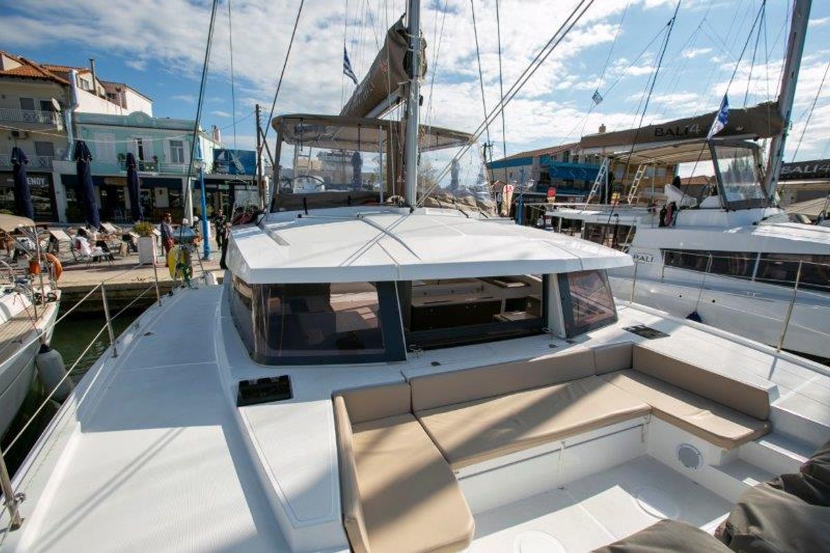 Deck of Fortuna II, a Bali 4.1 catamaran at Marpissa, Greece