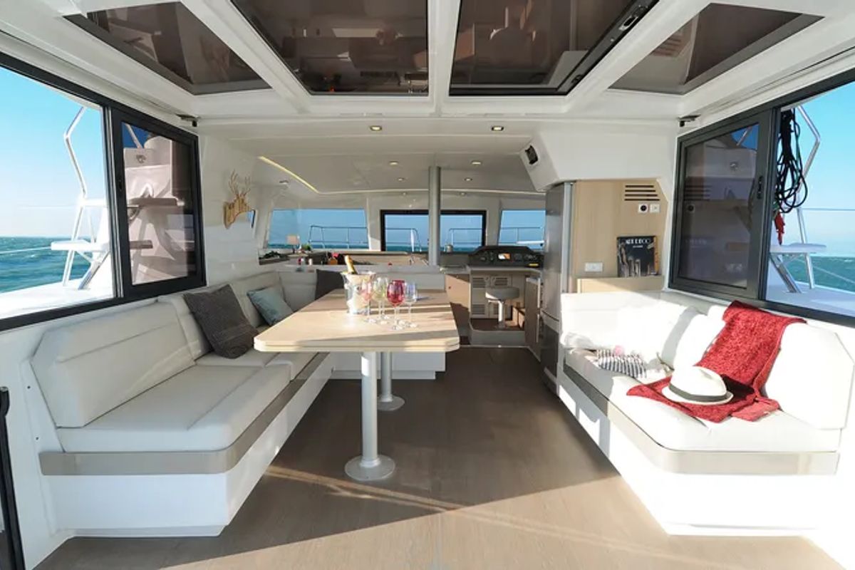 Salon of DOUBLE SIX, a Bali 4.1 catamaran at Kalkara, Malta