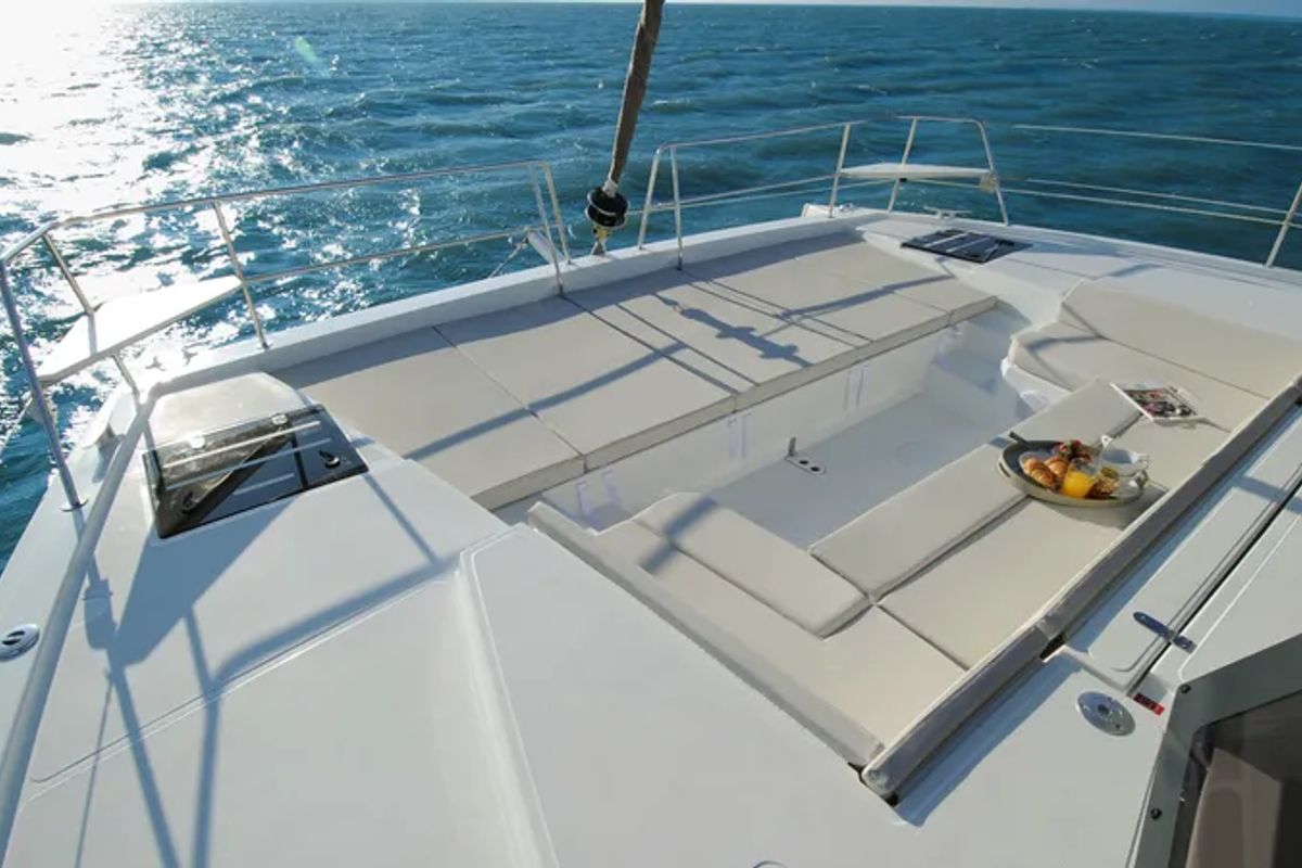 Deck of DOUBLE SIX, a Bali 4.1 catamaran at Kalkara, Malta