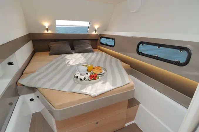 Cabin on DOUBLE SIX, a Bali 4.1 catamaran at Kalkara, Malta