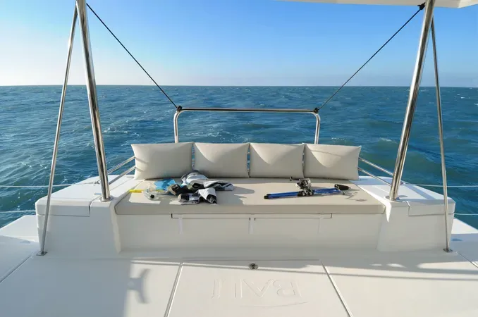 Deck of DOUBLE SIX, a Bali 4.1 catamaran at Kalkara, Malta