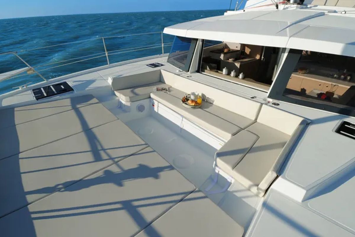 Deck of DOUBLE SIX, a Bali 4.1 catamaran at Kalkara, Malta