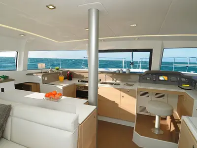 Salon of DOUBLE SIX, a Bali 4.1 catamaran at Kalkara, Malta