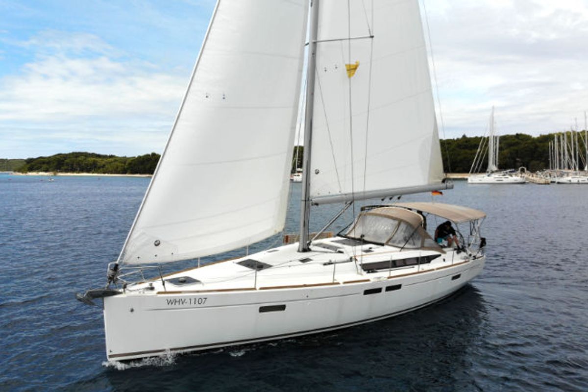 Exterior view of Anna, a Jeanneau Sun Odyssey 479 sailboat at Općina Rogoznica, Croatia