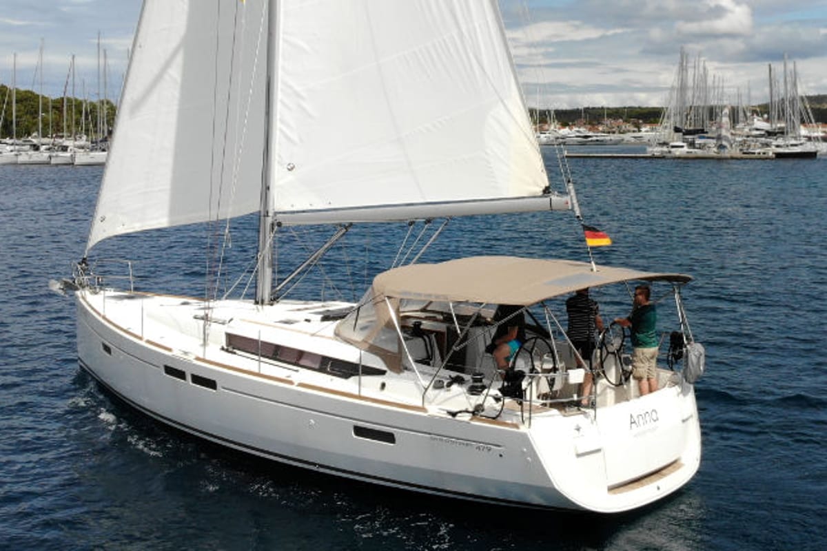 Exterior view of Anna, a Jeanneau Sun Odyssey 479 sailboat at Općina Rogoznica, Croatia