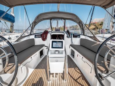 Cockpit of Fos, a Jeanneau Sun Odyssey 449 sailboat at Kontokali, Greece