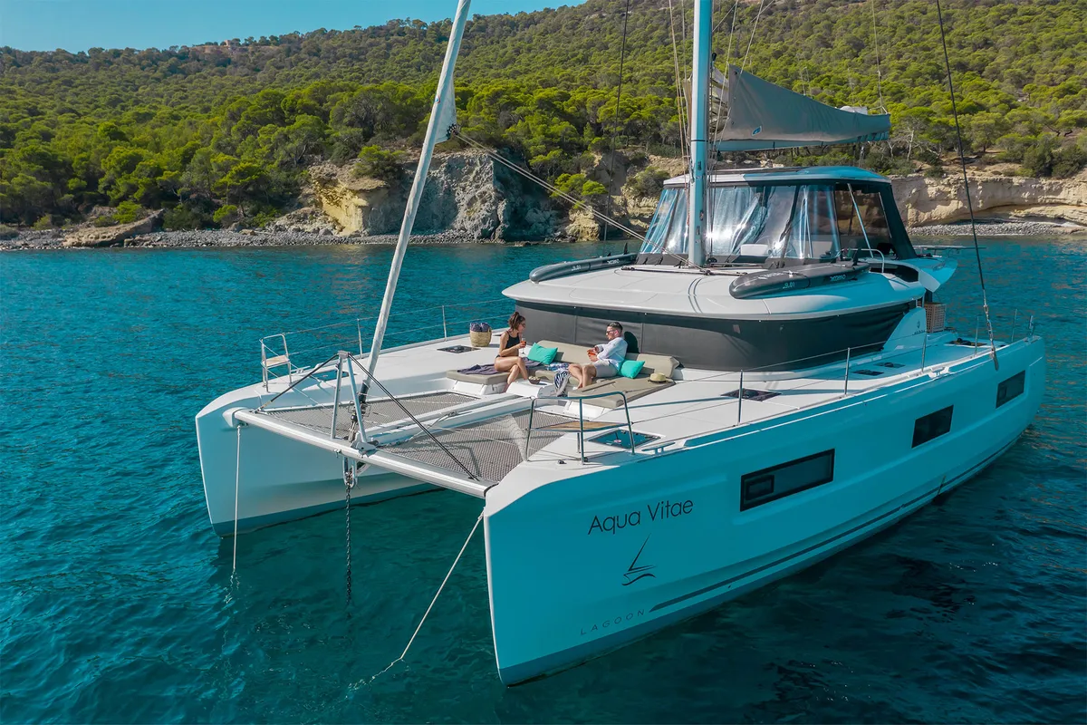 Deck of AQUA VITAE, a Lagoon 46 catamaran at Athens, Greece