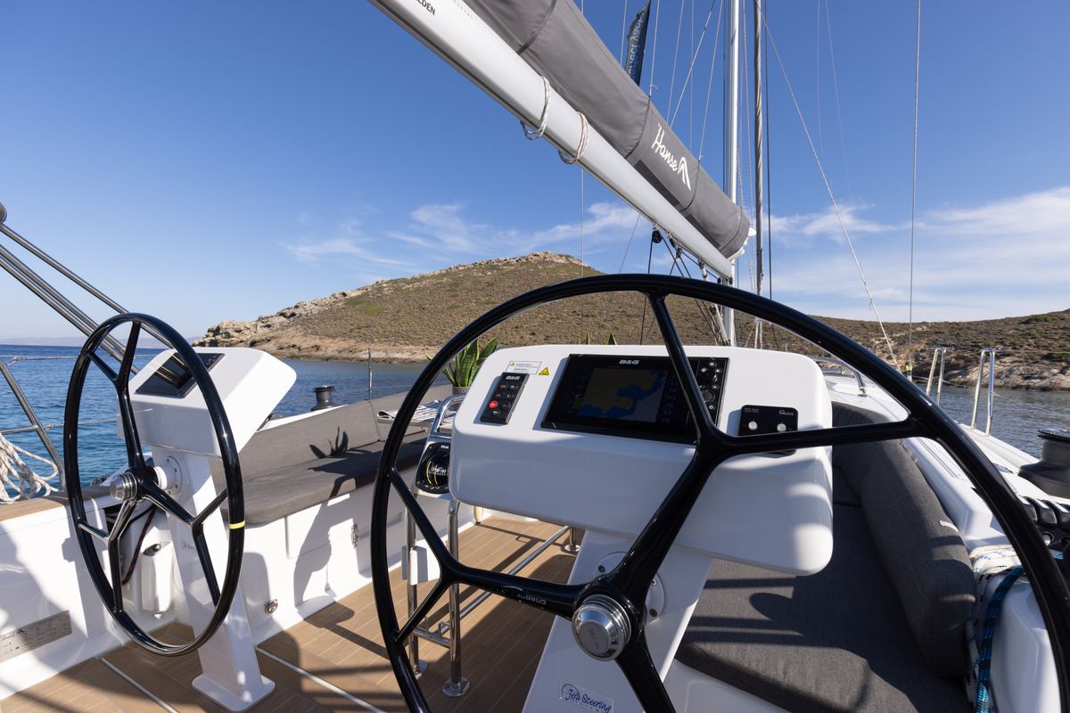 Cockpit of Kalimera, a Hanse Yachts Hanse 458 sailboat at Lavreotiki Municipal Unit, Greece
