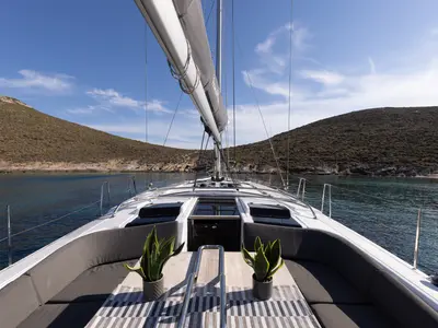 Deck of Kalimera, a Hanse Yachts Hanse 458 sailboat at Lavreotiki Municipal Unit, Greece
