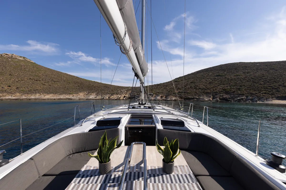 Deck of Kalimera, a Hanse Yachts Hanse 458 sailboat at Lavreotiki Municipal Unit, Greece
