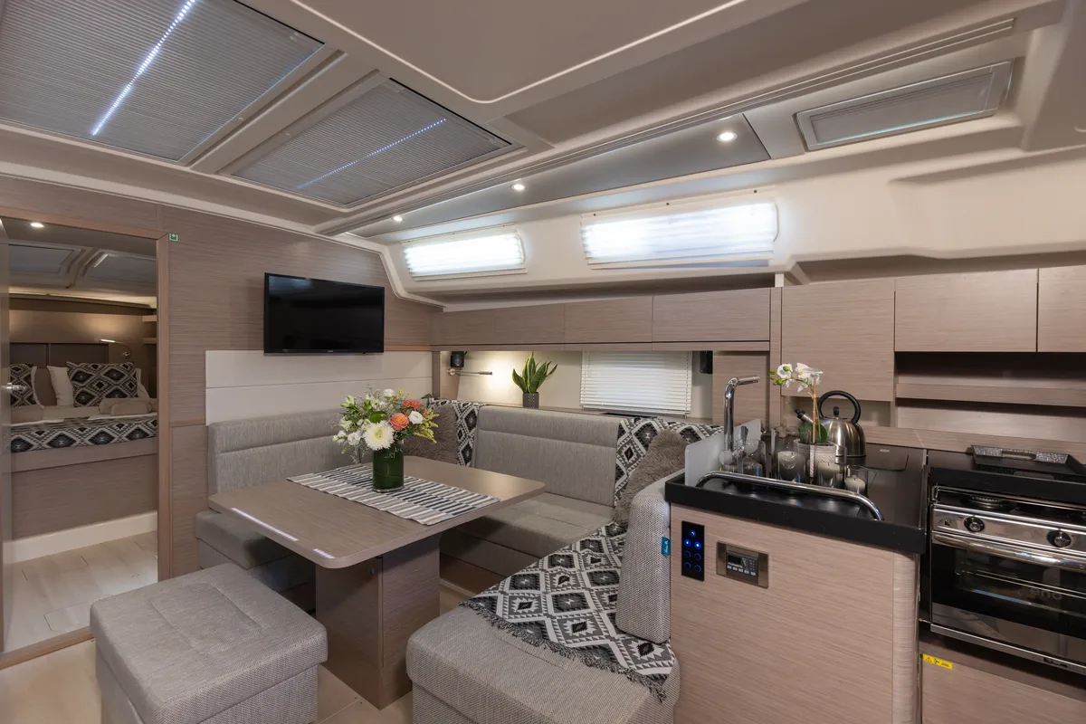 Salon of Kalimera, a Hanse Yachts Hanse 458 sailboat at Lavreotiki Municipal Unit, Greece