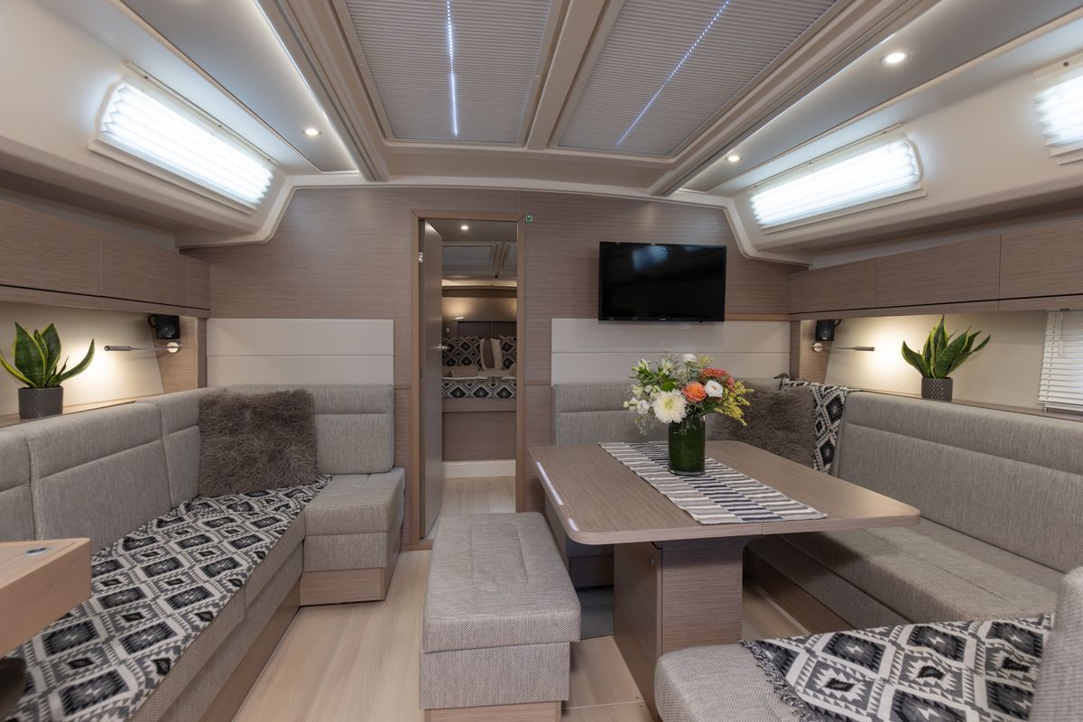 Salon of Kalimera, a Hanse Yachts Hanse 458 sailboat at Lavreotiki Municipal Unit, Greece