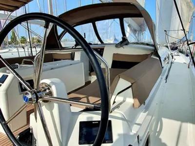 Cockpit of Dalion, a Jeanneau Sun Odyssey 490 sailboat at Kontokali, Greece