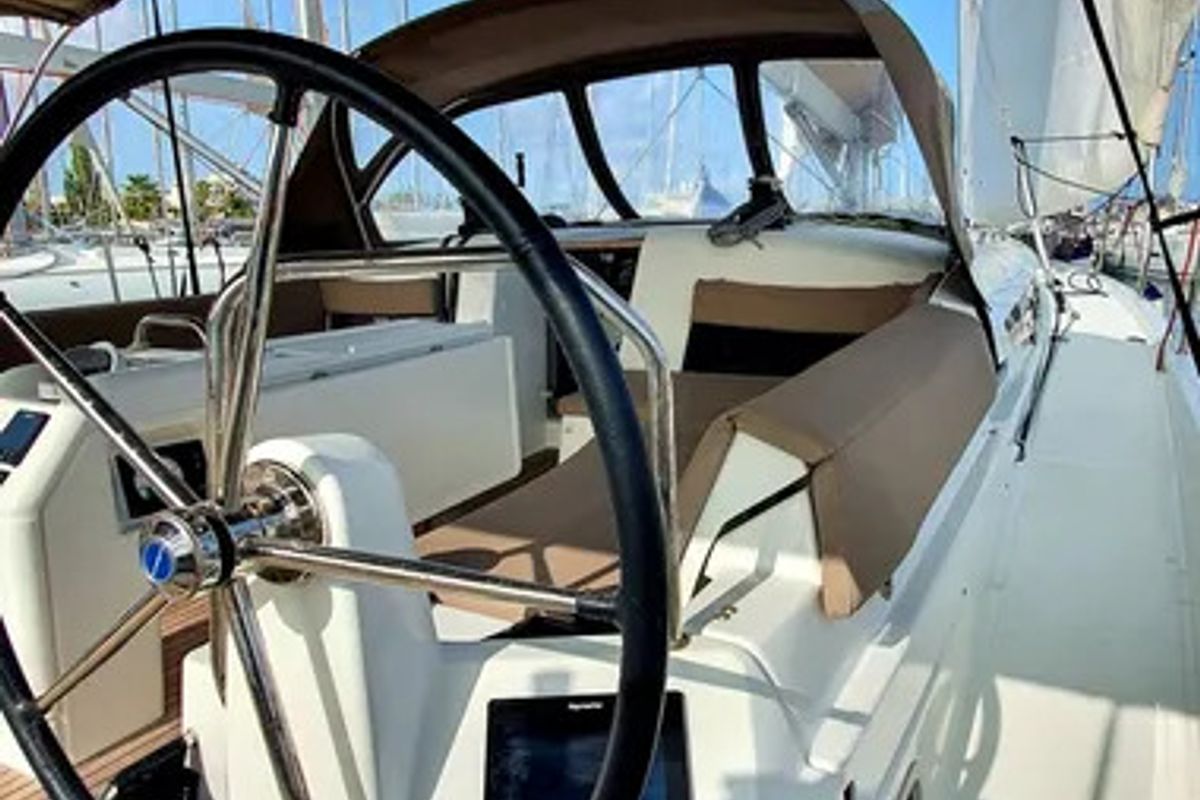 Cockpit of Dalion, a Jeanneau Sun Odyssey 490 sailboat at Kontokali, Greece