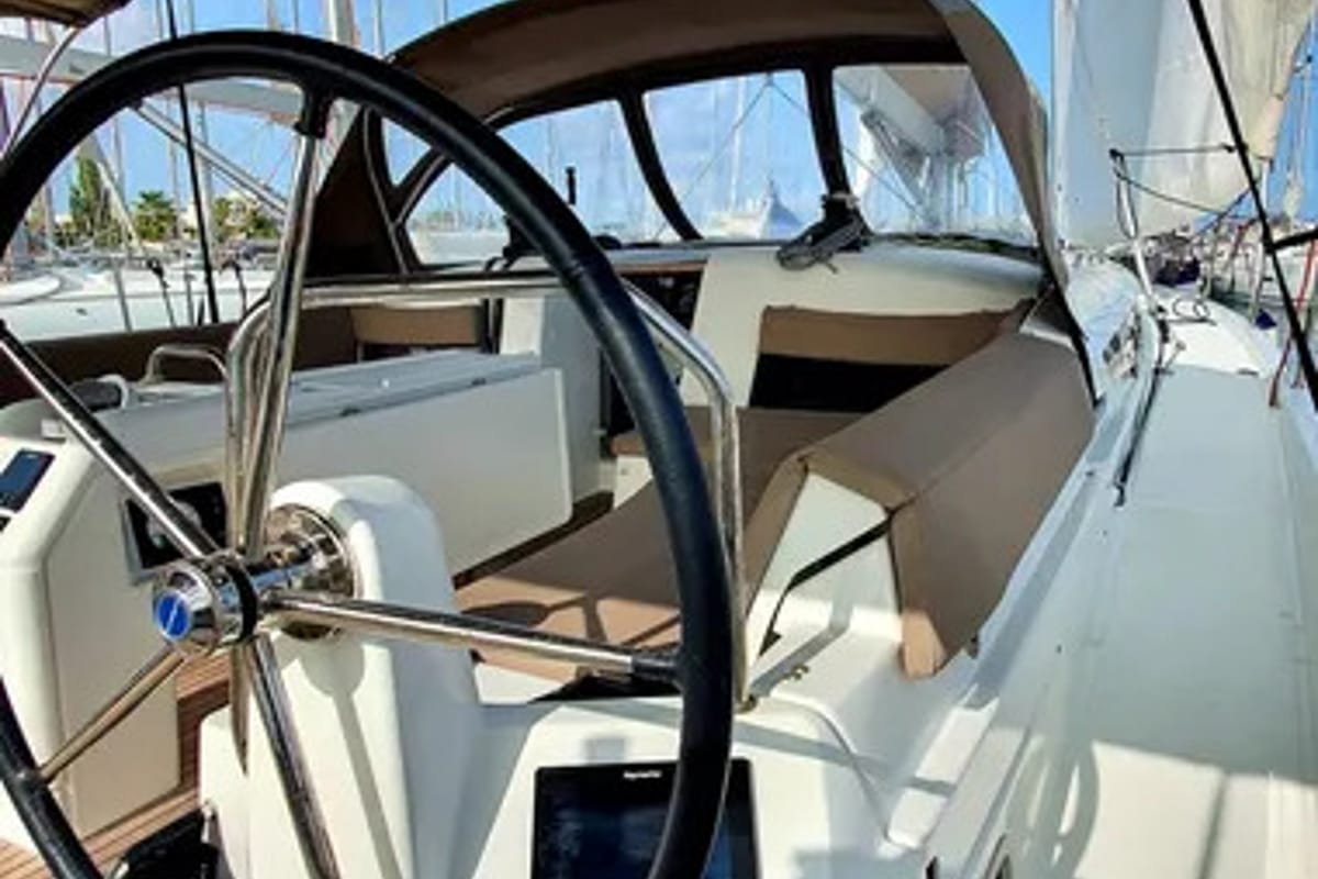 Cockpit of Dalion, a Jeanneau Sun Odyssey 490 sailboat at Kontokali, Greece