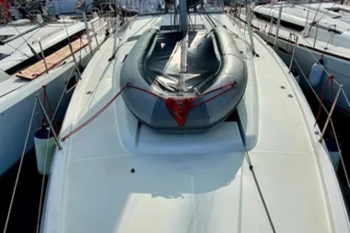 Deck of Dalion, a Jeanneau Sun Odyssey 490 sailboat at Kontokali, Greece