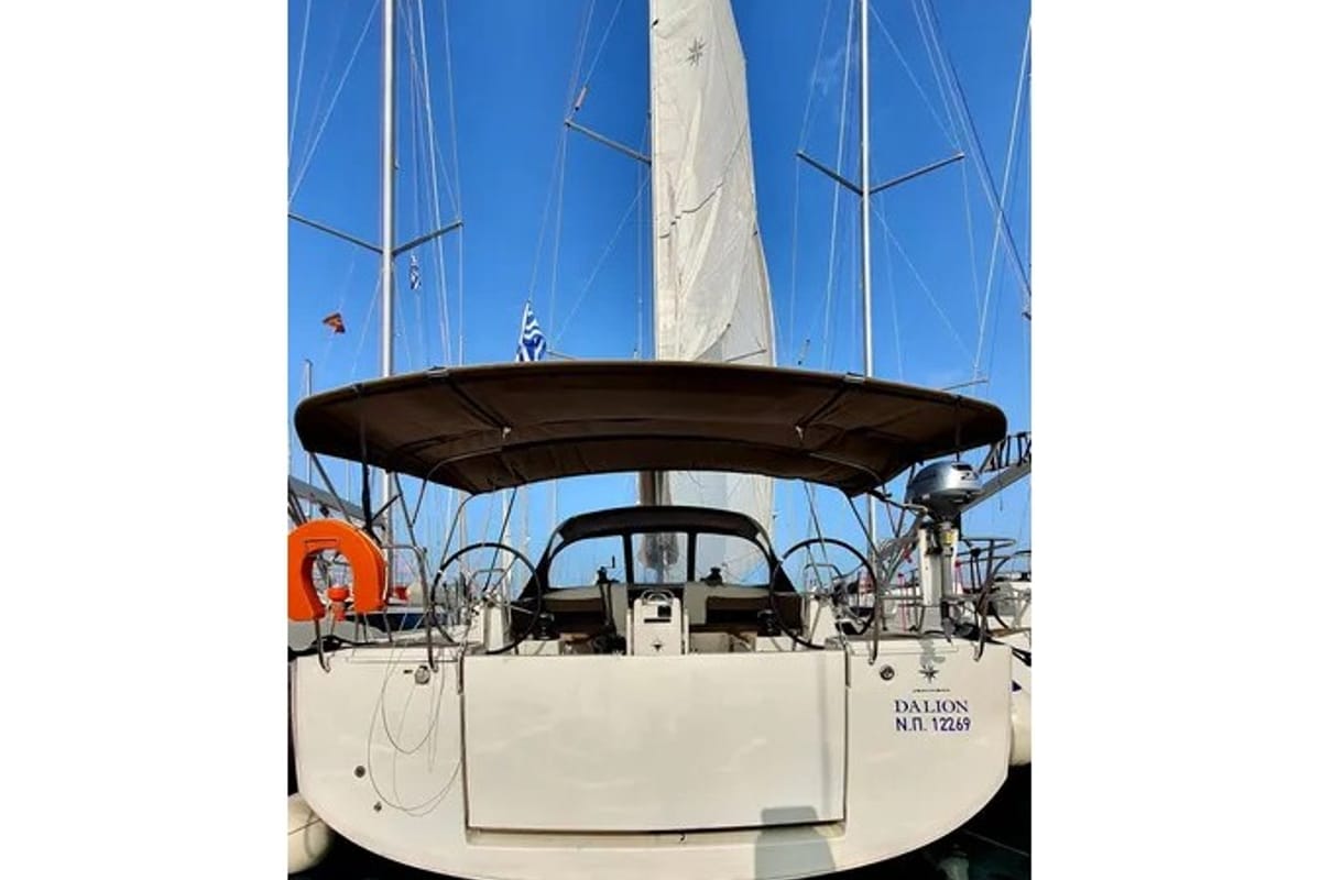 Exterior view of Dalion, a Jeanneau Sun Odyssey 490 sailboat at Kontokali, Greece