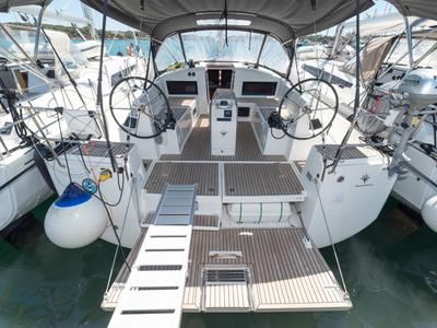 Cockpit of Free Elli, a Jeanneau Sun Odyssey 440 sailboat at Felanitx, Spain
