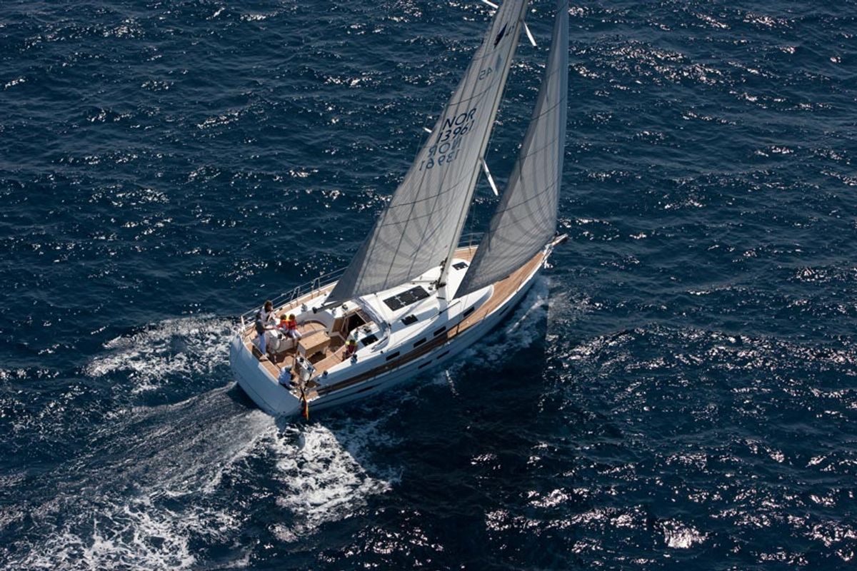 Exterior view of Midas, a Bavaria Cruiser 45 sailboat at Municipal Unit of Lefkada, Greece
