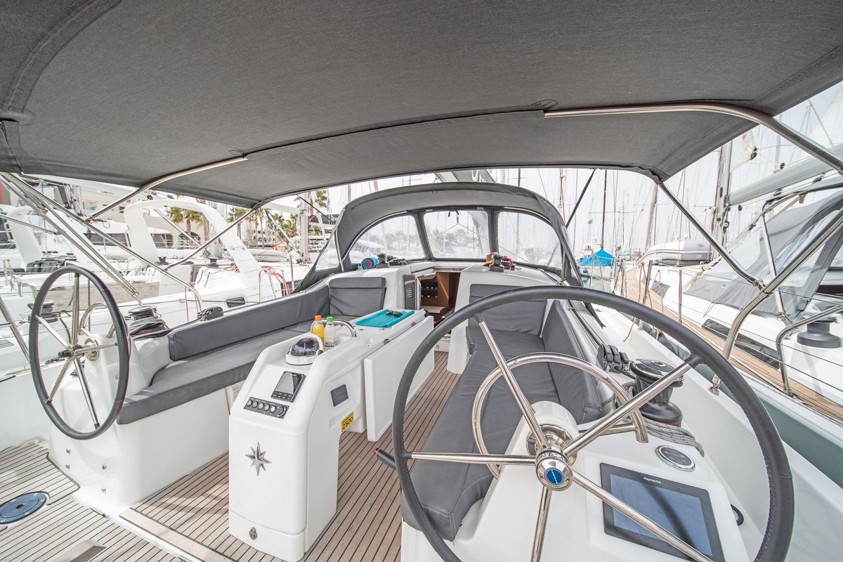 Cockpit of Nami, a Jeanneau Sun Odyssey 410 sailboat at Kos, Greece