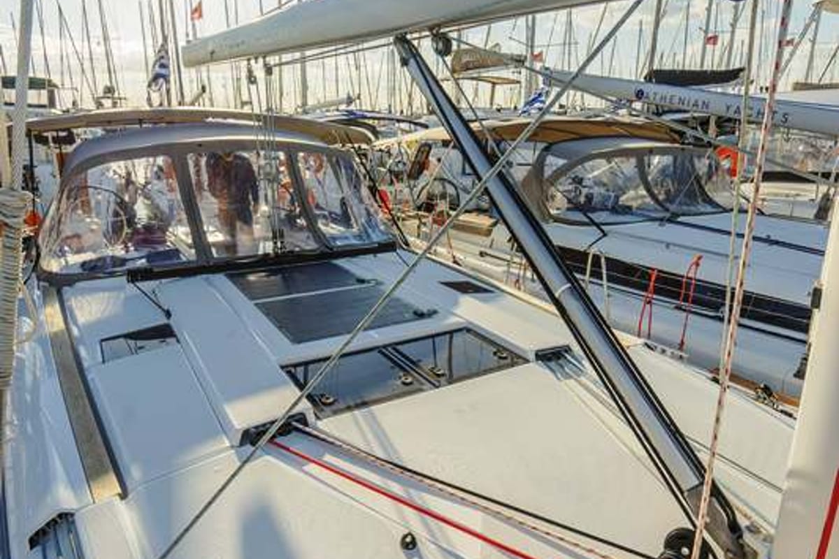 Deck of Mayflower, a Jeanneau Sun Odyssey 519 sailboat at Benitses, Greece