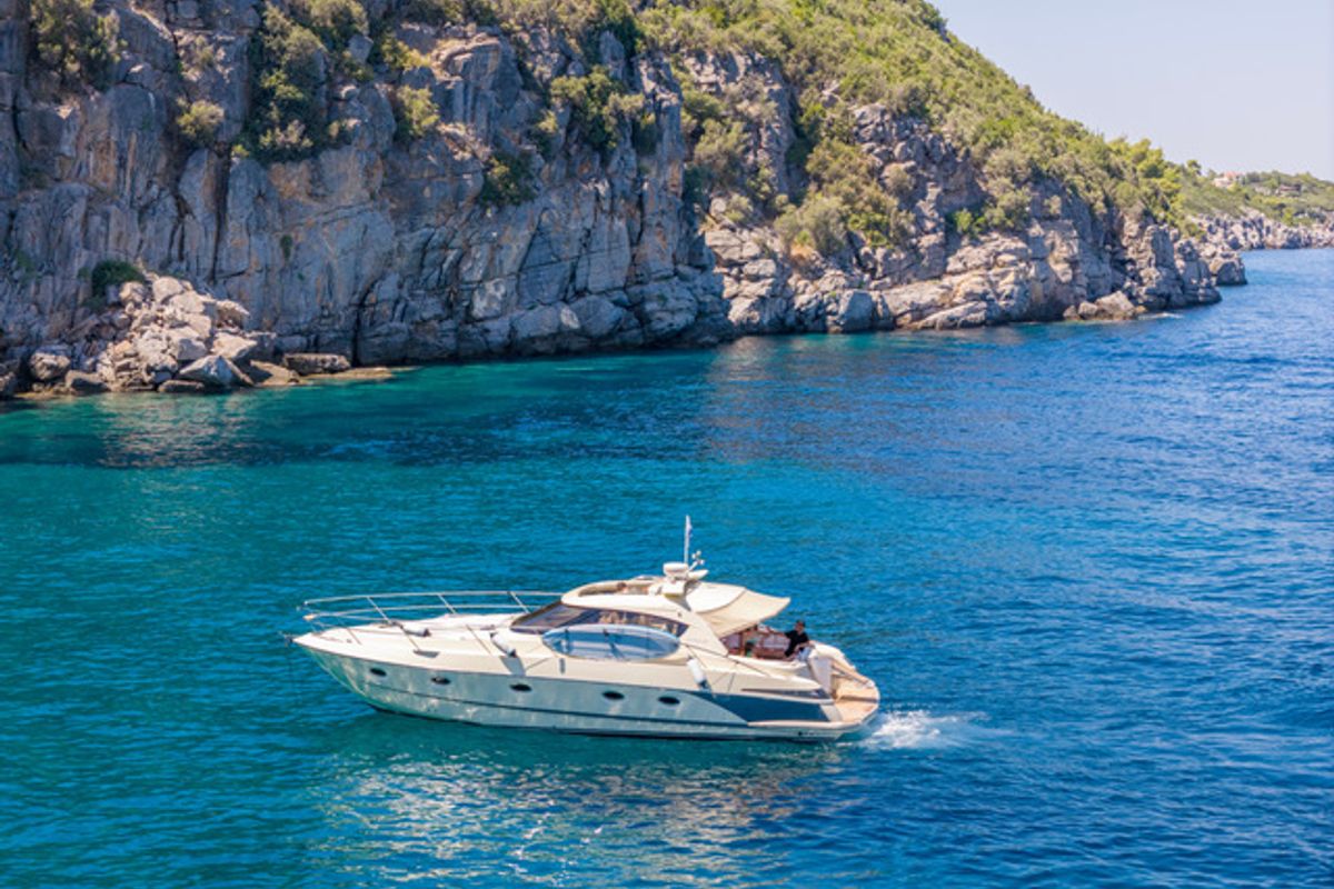 Exterior view of Jianos, a Elan Power 42 motorboat at Pallini Municipal Unit, Greece