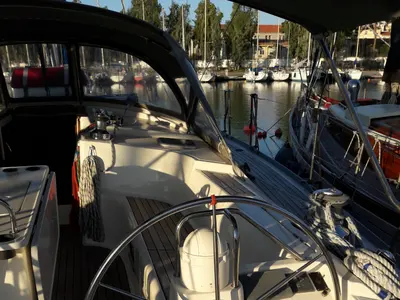 Cockpit of Jacosta, a Alfa Sailing Yachts Alfa 51 sailboat at Parikia, Greece