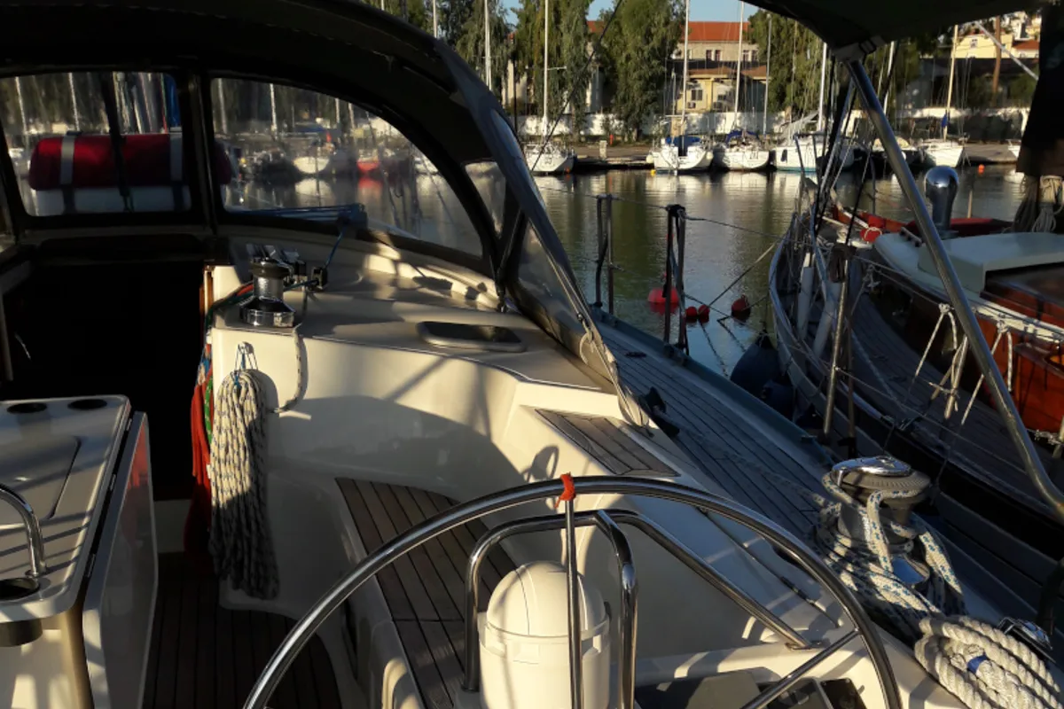 Cockpit of Jacosta, a Alfa Sailing Yachts Alfa 51 sailboat at Parikia, Greece