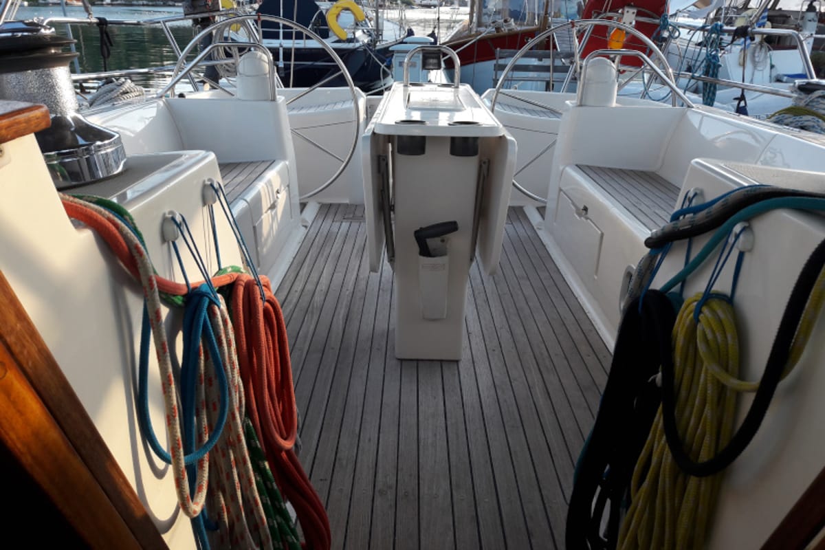 Cockpit of Jacosta, a Alfa Sailing Yachts Alfa 51 sailboat at Parikia, Greece