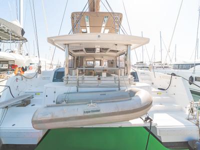 Deck of Laguana, a Bali 4.8 catamaran at Gouvia, Greece