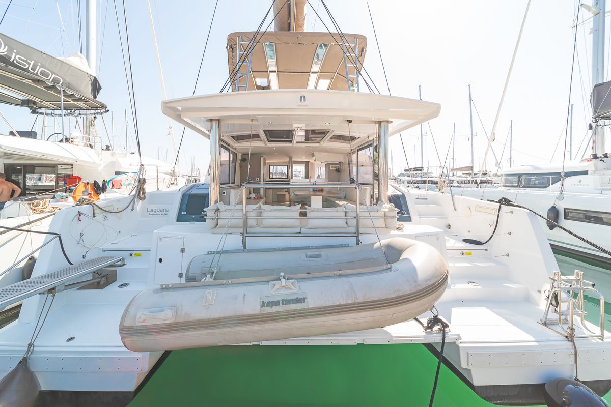 Deck of Laguana, a Bali 4.8 catamaran at Gouvia, Greece