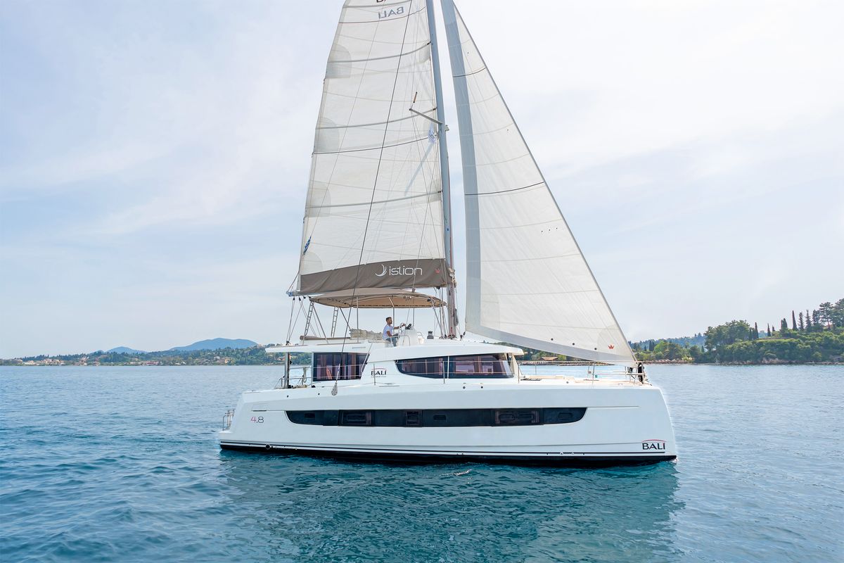 Exterior view of Laguana, a Bali 4.8 catamaran at Gouvia, Greece