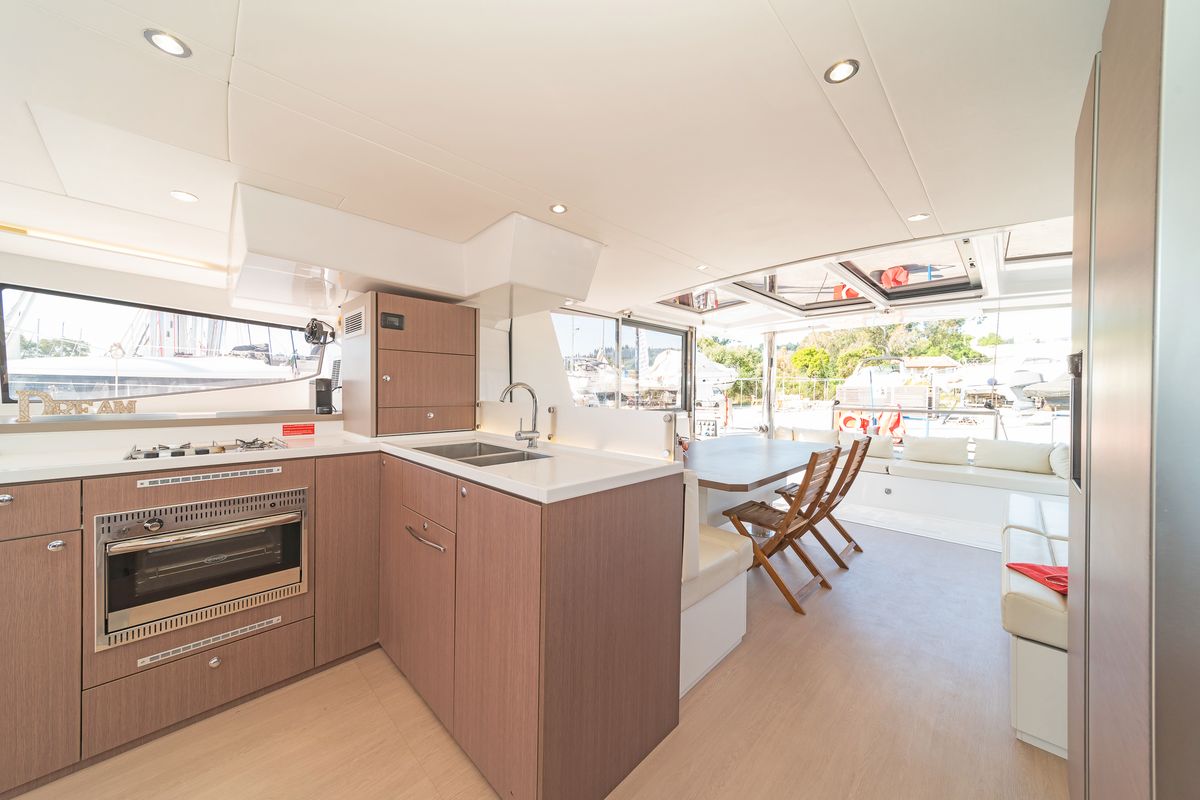 Deck of Laguana, a Bali 4.8 catamaran at Gouvia, Greece