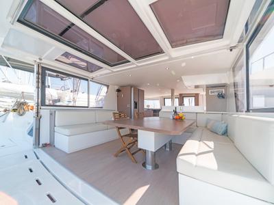 Salon of Laguana, a Bali 4.8 catamaran at Gouvia, Greece