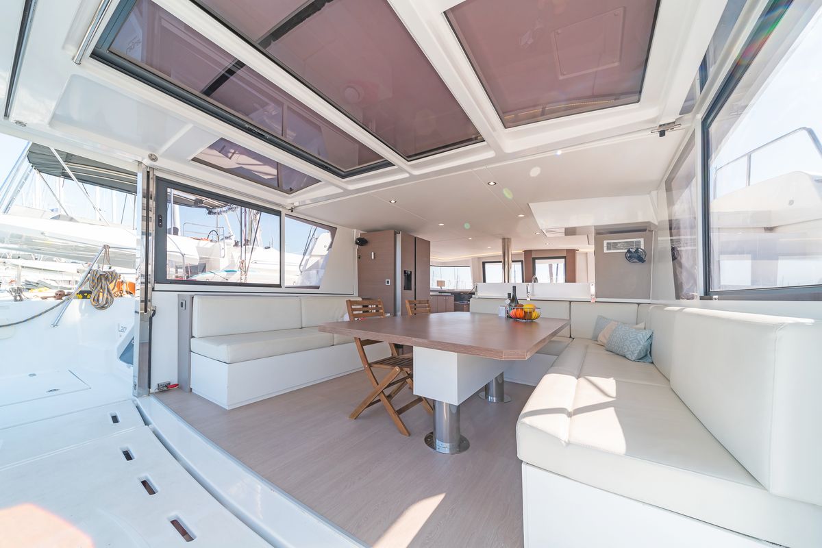 Salon of Laguana, a Bali 4.8 catamaran at Gouvia, Greece