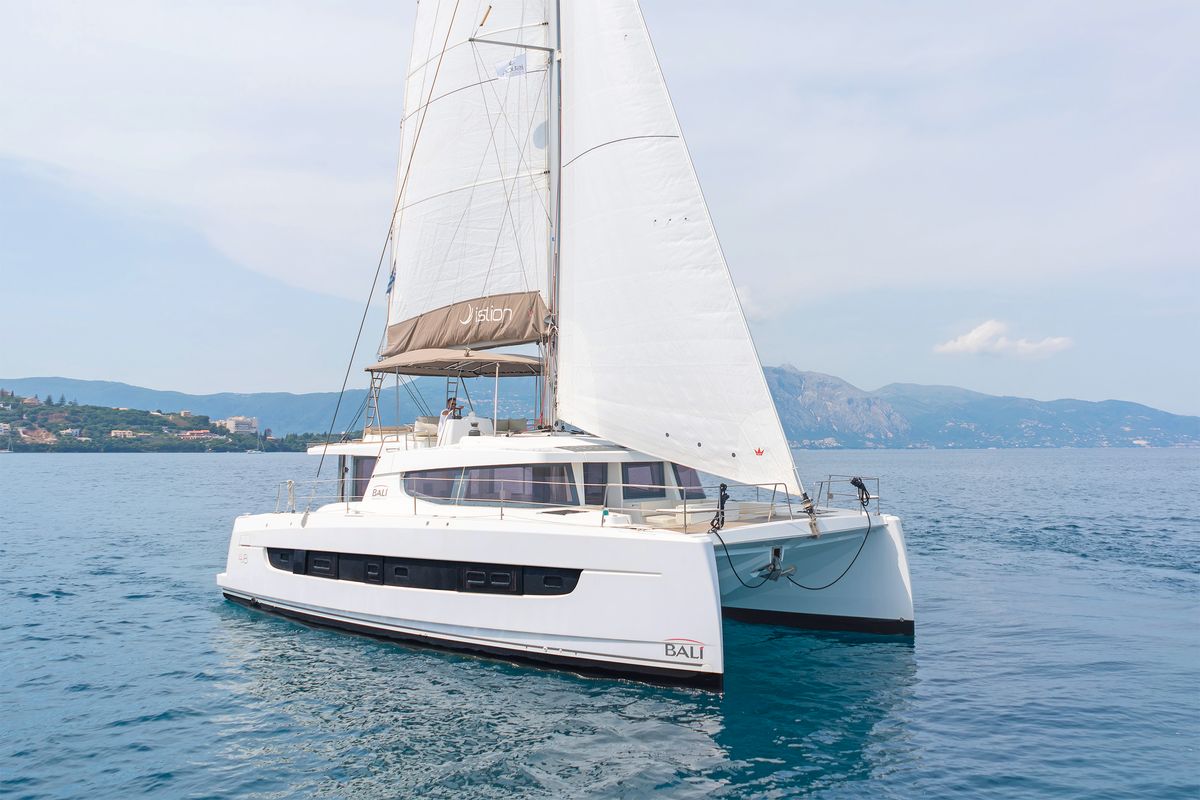 Deck of Laguana, a Bali 4.8 catamaran at Gouvia, Greece