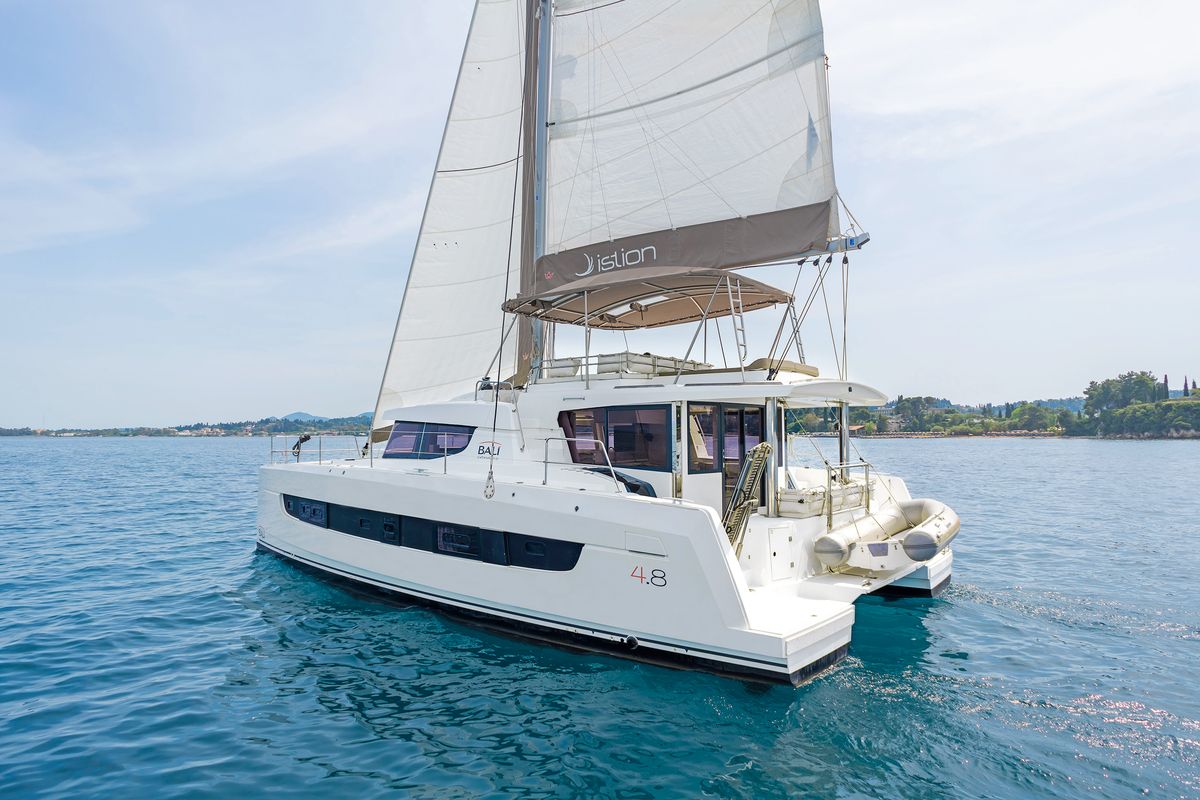 Exterior view of Laguana, a Bali 4.8 catamaran at Gouvia, Greece
