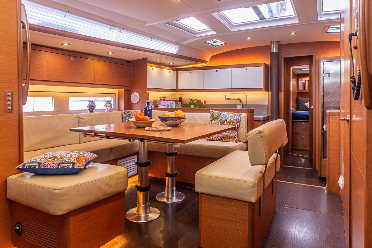 Salon of Wish Planet, a Dufour 530 sailboat at Palermo, Italy