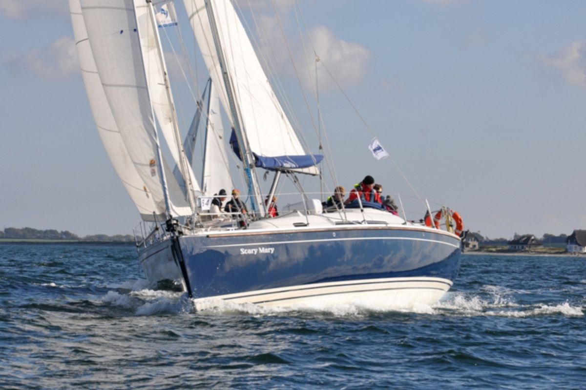 Exterior view of Scary Mary, a Hanse Yachts Hanse 370 sailboat at Altefähr, Germany