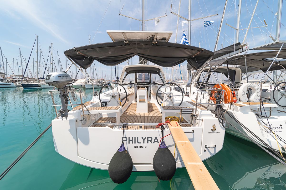 Cockpit of Philyra, a Beneteau Oceanis 38.1 sailboat at Municipal Unit of Lefkada, Greece