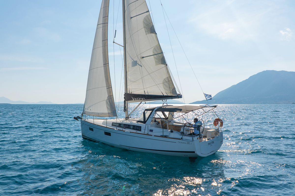 Exterior view of Philyra, a Beneteau Oceanis 38.1 sailboat at Municipal Unit of Lefkada, Greece