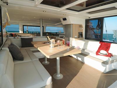 Salon of Galassia, a Bali 4.1 catamaran at Kontokali, Greece