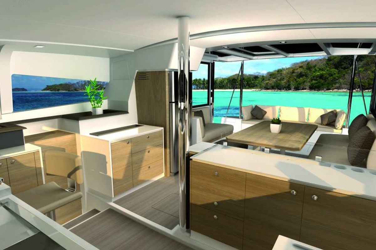 Salon of Galassia, a Bali 4.1 catamaran at Kontokali, Greece